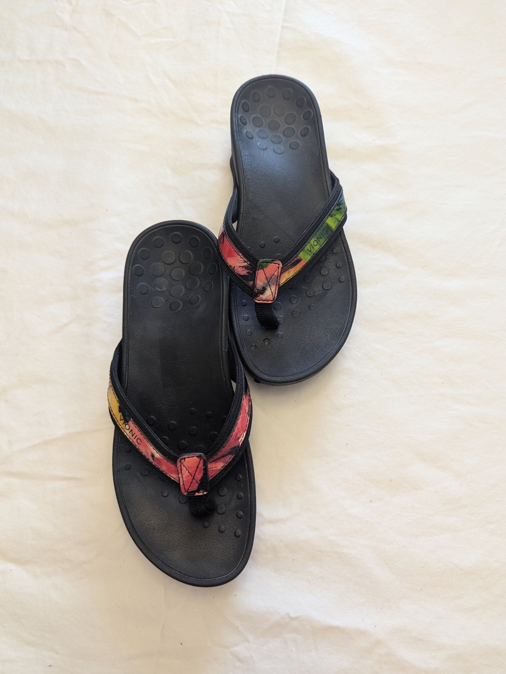 Black Vionic Flip-Flop Sandals with Multicolor Straps